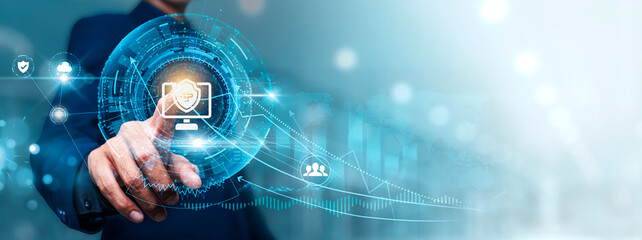 insurance technology: businessman touching connect to data information on cyberspace, risk assessmen