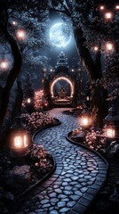 Wall Mural - A dark forest with a moon in the sky and a path with lanterns