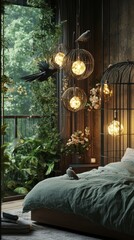 Wall Mural - A bedroom with a green bed and a cage with birds