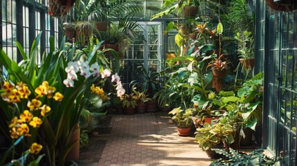 Aufkleber - A vibrant greenhouse showcases a diverse array of tropical plants and colorful flowers, illuminated by the afternoon sun.