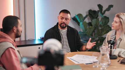 Poster - Podcast, talk show and people for broadcast, conversation and discussion for radio interview. Content creator, influencer and man and woman with mic for online audience, hosting and communication