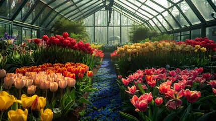 Aufkleber - Colorful tulips of various shades fill a greenhouse, illuminated by soft morning light, creating a tranquil atmosphere among lush greenery.