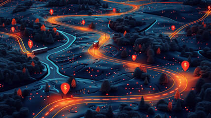 Wall Mural - Futuristic night landscape with glowing roads and data points, illustrating digital connectivity and smart city concept. Concept of technology, transportation, and interconnected future.