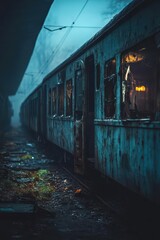 Wall Mural - A train is parked on a track with a dark and gloomy atmosphere