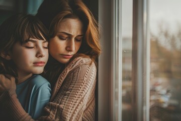 Supportive mother hugging her upset teenage daughter, parent mom helping kid with problems, standing together near window. Parenting and adolescence, Generative AI