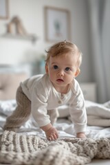 Wall Mural - A baby is crawling on a bed with a blanket. The baby is wearing a white shirt and pants