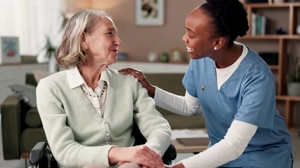 Wall Mural - Women, caregiver and senior patient in wheelchair with smile for healthcare support, trust and love. People, nurse and person with a disability for happiness in retirement home with rehabilitation