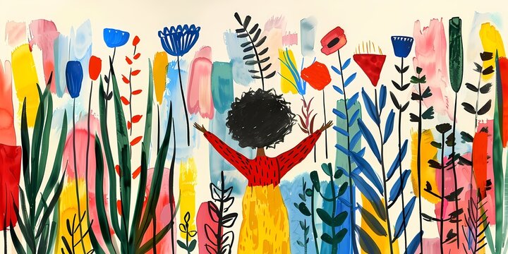 A joyful figure expresses gratitude amidst vibrant flowers and plants in nature, minimal illustration