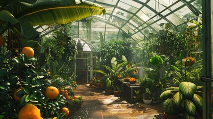 Aufkleber - A vibrant greenhouse showcases an array of tropical plants and citrus trees illuminated by warm morning light.