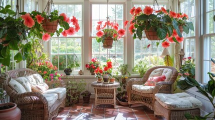 Poster - A sunlit sunroom features vibrant hanging flowers and lush greenery, complemented by comfortable wicker seating and a small table.