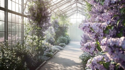 Aufkleber - A tranquil pathway inside a glass greenhouse filled with vibrant purple flowers and soft lighting.