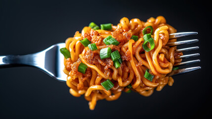 Sticker - Close-up of cooked noodles on a fork with green onions and crispy toppings, against a dark background.