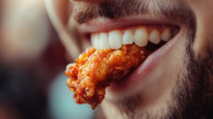 Wall Mural - A man is eating a piece of fried chicken