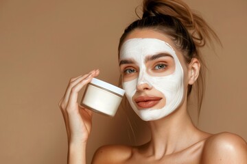 Young beautiful European woman with facial mask on her face holding jar or natural cream, posing over beige background, recommending skincare product, Generative AI