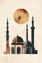 Sticker - A painting of a mosque with a sun in the background