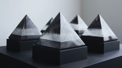 Sticker - Four black pyramid shaped glass sculptures on a black table