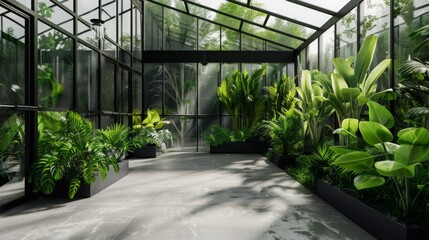 Aufkleber - A spacious greenhouse features an abundance of tropical plants, showcasing vibrant greenery and natural light filtering through large glass panels.
