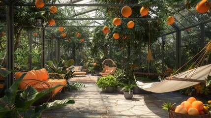 Aufkleber - A serene greenhouse showcases vibrant orange trees, cozy seating areas, and lush greenery illuminated by daylight.