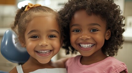 Canvas Print - Two young girls are smiling and posing for a picture in a dentist's office