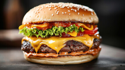 Sticker - Close-up of a delicious cheeseburger with lettuce, tomato, cheddar cheese, ketchup, and a juicy beef patty in a sesame seed bun.