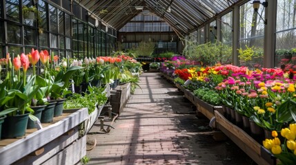 Aufkleber - Vibrant flowers in various colors fill the greenhouse, creating a lively display along the aisles, bathed in natural light.