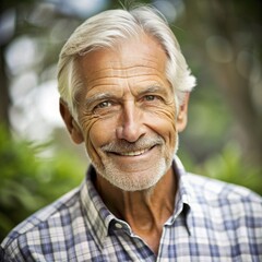 handsome elderly man with grey hair smiling at camera