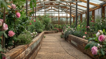 Poster - A serene pathway winds through a lush rose garden in a conservatory, surrounded by vibrant blooms and greenery.