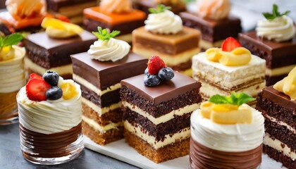 Small chocolate and vanilla layered cakes in rows on candy buffet. Sweet paradise.