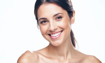 Wall Mural - Portrait of a beautiful young woman smiling at the camera on a white background