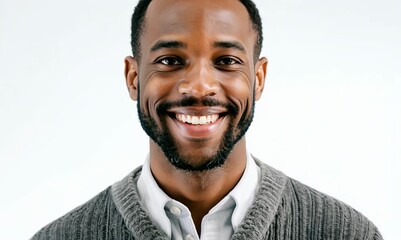 Canvas Print - Medium shot portrait video of a grinning man in his 30s that is wearing a chic cardigan against a white background