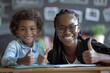 © Divyesh - Tutoring and mentorship concept. Black female teacher and happy schoolboy gesturing thumbs up and smiling sitting at desk in class, Generative AI