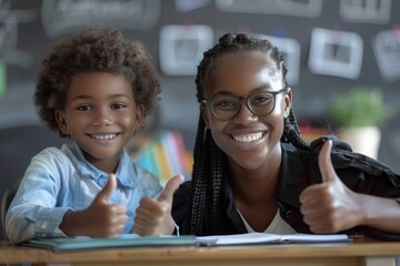 tutoring and mentorship concept. black female teacher and happy schoolboy gesturing thumbs up and sm