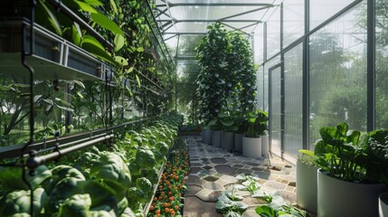 Poster - Morning sunlight filters through the glass panels, illuminating rows of vibrant vegetables and lush foliage in a well-maintained greenhouse.
