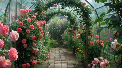 Aufkleber - A vibrant greenhouse pathway is adorned with blooming roses and various flowers, bathed in warm morning light.