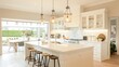 © Sana - A bright suburban kitchen with a large island, modern stools, and pendant lights hanging above.
