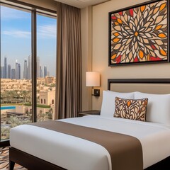 Modern hotel room overlooking the dubai skyline with cozy decor and natural light