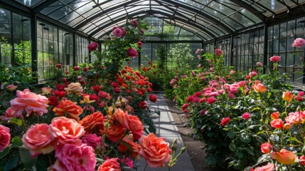 Aufkleber - Colorful roses bloom in a glass greenhouse, surrounded by lush greenery, creating a serene and fragrant environment.