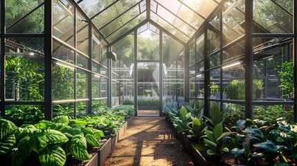 Aufkleber - Natural light streams into a greenhouse, illuminating vibrant plants and greenery in an enchanting garden space.
