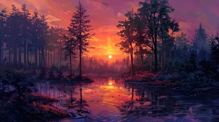Aufkleber - Sunset Colors in Forest Setting