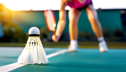 Im Vordergrund ein Federball, im Hintergrund Badminton Spieler 