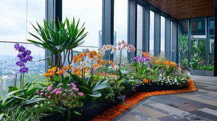Aufkleber - A vibrant arrangement of orchids and other flowers decorates a sleek indoor garden area, offering a beautiful contrast to the urban skyline beyond the glass walls.