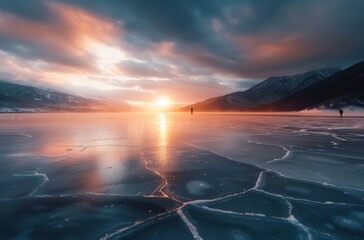 Sticker - Sunset Over Frozen Lake With Cracked Ice And Majestic Mountains