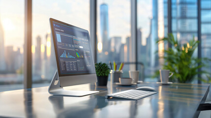 Poster - Modern computer showing statistics charts on desk in office at sunset with skyline view