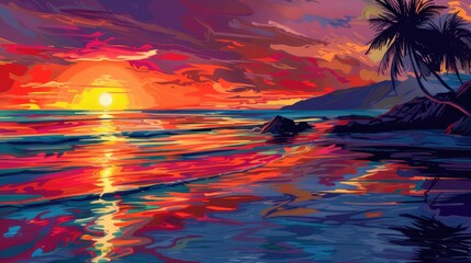 Poster - Vibrant sunset at tropical island beach with sea reflections