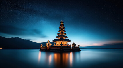 Canvas Print - A pagoda-style temple situated on a lake under a starry night sky with mountains in the background.