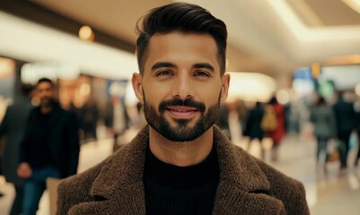 Sticker - Portrait of a handsome bearded man in coat at the shopping center