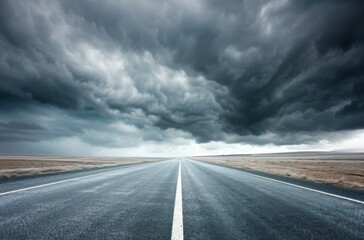 Wall Mural - Lonely Highway Under Dark Clouds in an Open Landscape