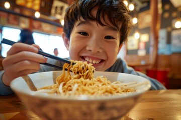 Little boy eats noodles with chopsticks.