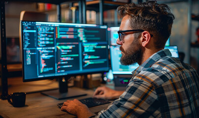 Poster - Bearded male developer working on code at night in a wooden industrial workspace, wearing a checked shirt, with multiple monitors displaying data structure, HTML and database scripts