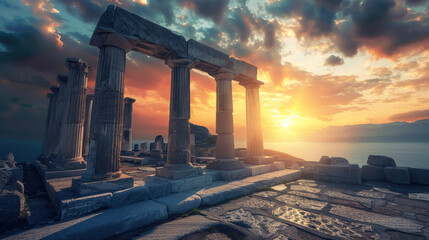 Poster - View of Ancient temple ruins at sunset, remains of old Greek building and sea on dramatic sky background. Concept of antique, Greece, landscape, history.